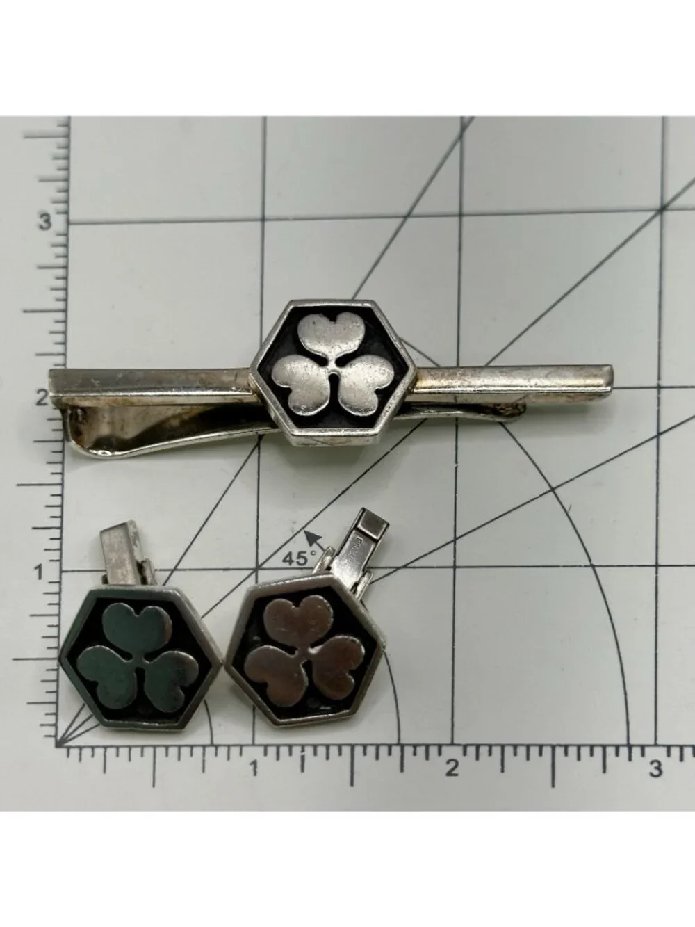 Fenwick & Sailors Shamrock Hexagonal Cufflinks + Tie Clip Sterling Silver Set